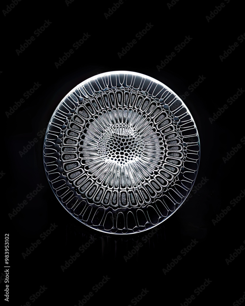 Microscopic View of Diatom with Detailed Shell, Minimalist Design on Black