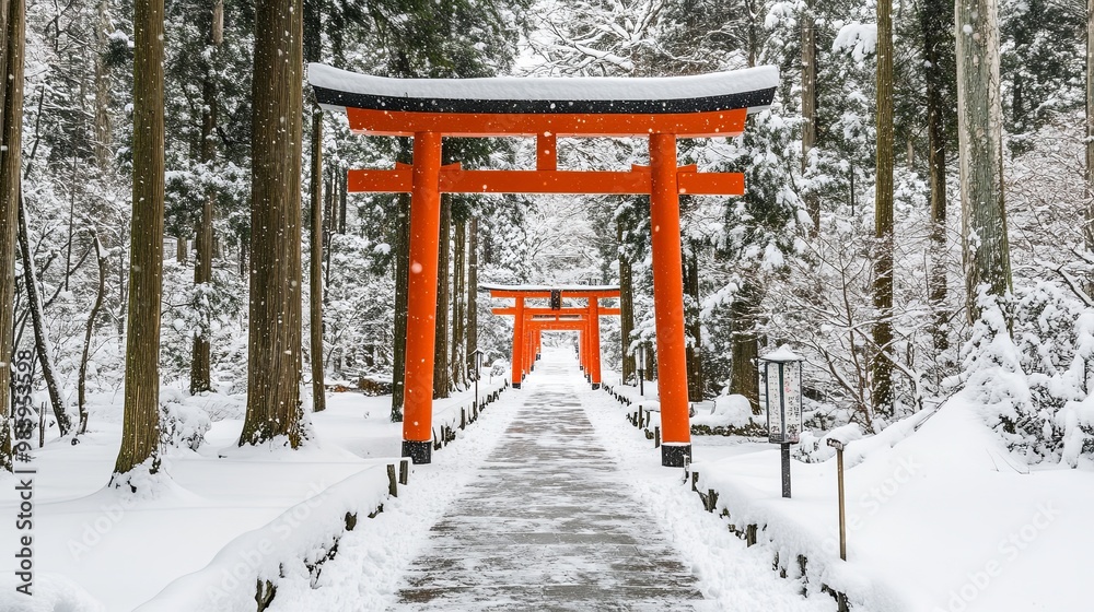 New Year's Day scene featuring a traditional Japanese torii gate leading to a serene shrine, surrounded by fresh winter snow. The calm, snowy landscape emphasizes the peaceful and spiritual atmosphere New Year's Day scene featuring a traditional Japanese torii gate leading to a serene shrine, surrounded by fresh winter snow. The calm, snowy landscape emphasizes the peaceful and spiritual atmosphere