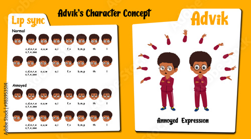 An Annoyed african boy cartoon character AKA Advik, Black boy cartoon in track suit. Annoyed face expressions and lip sync. Set of cute boy with various hand gesture and front and 1/3 standing pose.
