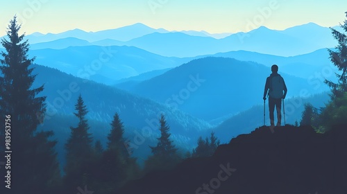 Silhouette of a Hiker with a Backpack Standing on a Mountain Ridge