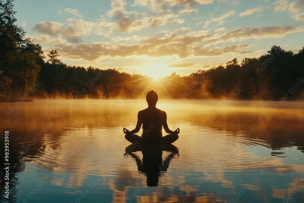 Silhouette of a person meditating on a lake. Peaceful image for websites or blogs about mindfulness and relaxation. Silhouette of a person meditating on a lake. Peaceful image for websites or blogs about mindfulness and relaxation.