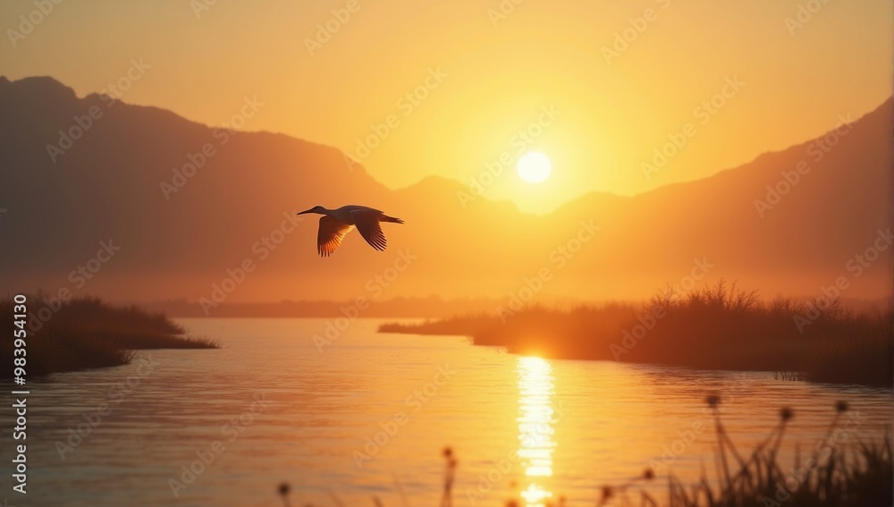 a bird flying over a lake with the sun setting behind it. a bird flying over a lake with the sun setting behind it.
