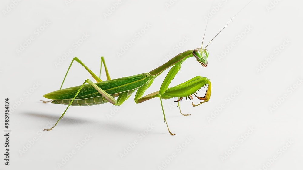 green healthy mantis on white background