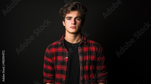 A young man in a red plaid shirt and black t-shirt is standing in front of a black background