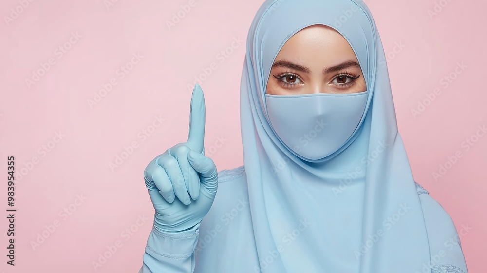 © Trushchenko_O - A woman wearing a blue hijab and a blue surgical mask. She is pointing to the sky with her finger