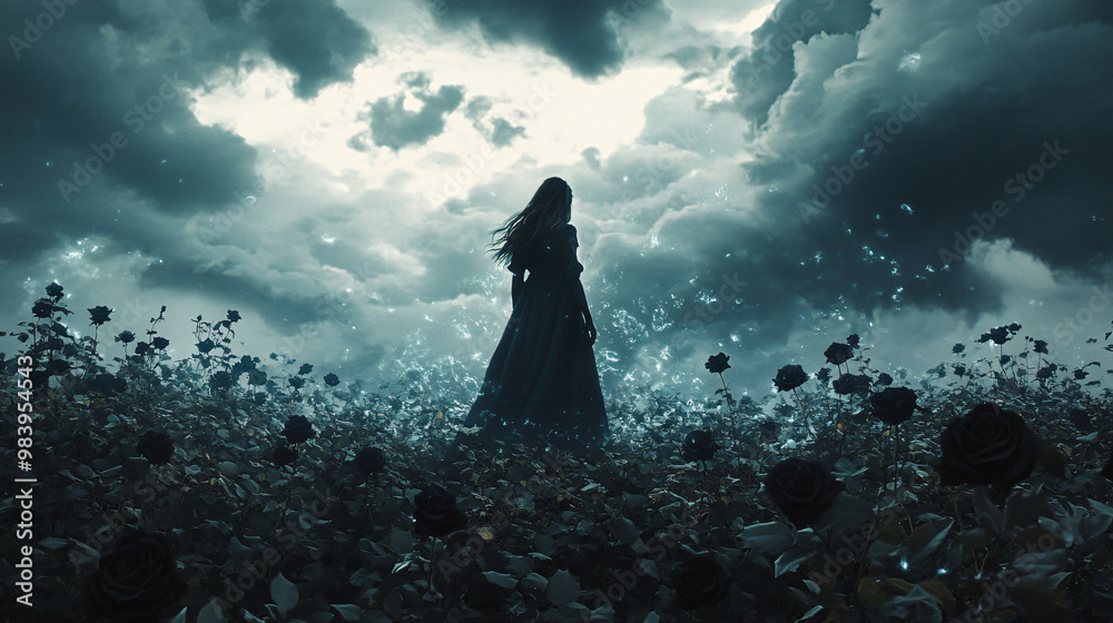 A witch standing in a field of black roses, the flowers pulsing with dark energy under a stormy sky. A witch standing in a field of black roses, the flowers pulsing with dark energy under a stormy sky.