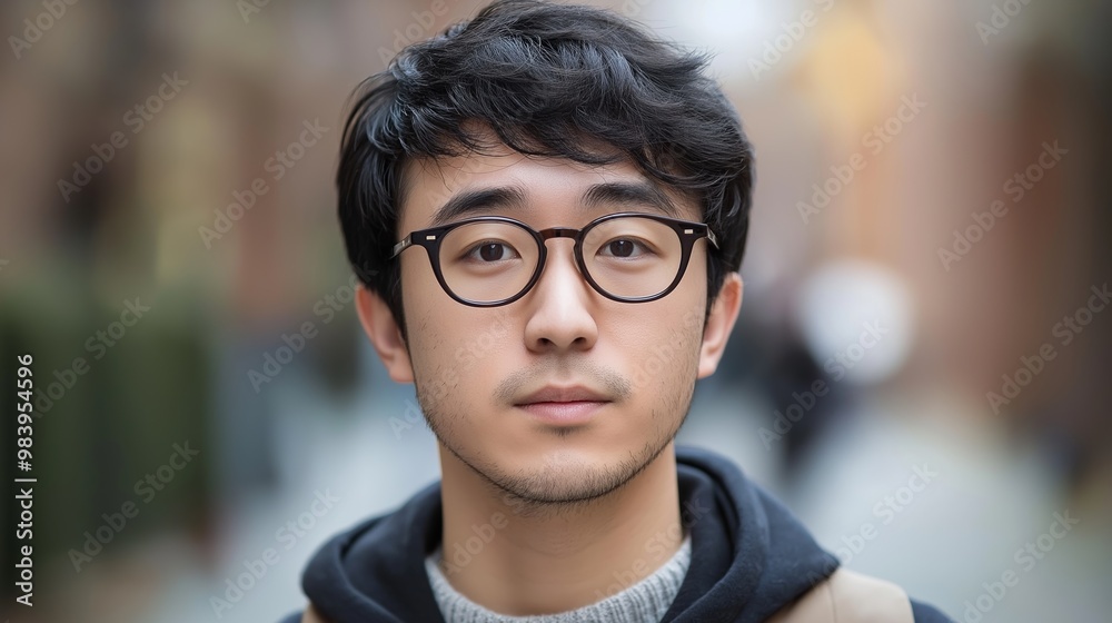 A Asian man with glasses is standing in front of a building. He has a serious expression on his face A Asian man with glasses is standing in front of a building. He has a serious expression on his face