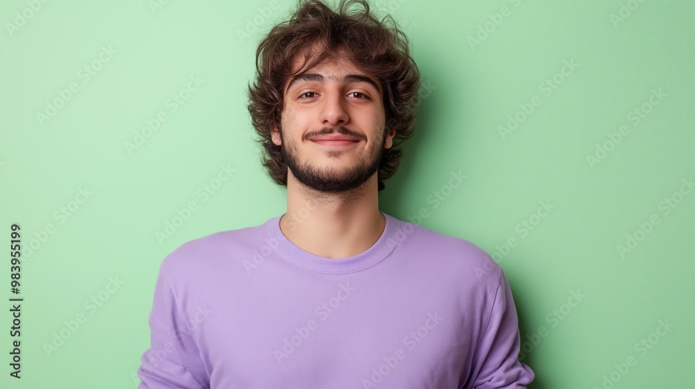 A man with a beard and a purple shirt is smiling at the camera A man with a beard and a purple shirt is smiling at the camera