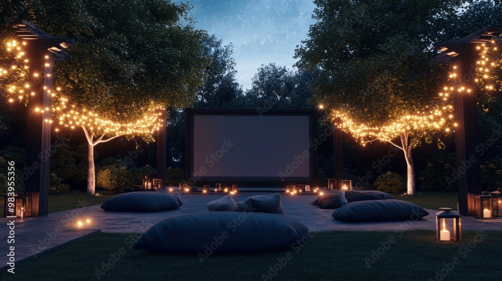 An enchanting outdoor movie night setup featuring a large projector screen An enchanting outdoor movie night setup featuring a large projector screen