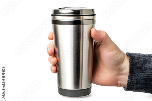 A hand grasping a sleek stainless steel travel mug