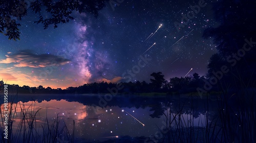 Beautiful Blue Skies with Nature, Moon ,Cloud ,Beach scenery, Tree, night -Anime concept Background