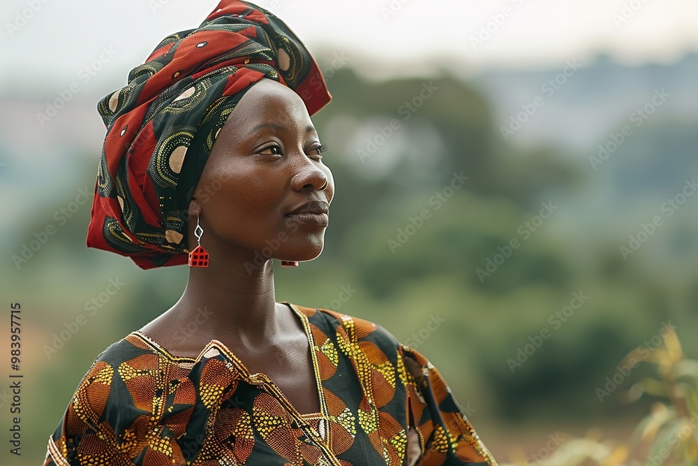 Obraz premium African woman in traditional attire admiring nature