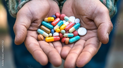 A close-up of hands holding a variety of colorful medication capsules and tablets, symbolizing health and wellness.