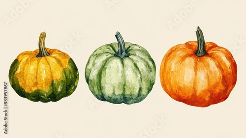 Collection Watercolor of Pumpkins vector set ,Watercolor hand-drawn illustration,design great for cards, banners, headers, party posters or decorate your artwork,painted ilustration.