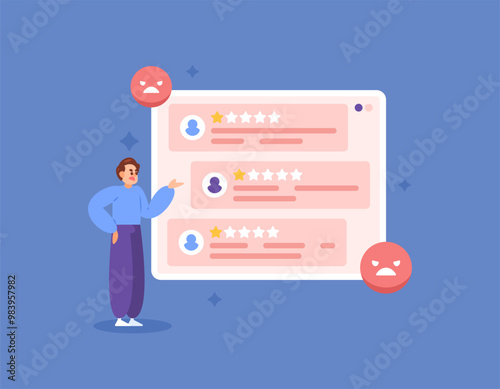 Bad review and rating concept. Customer satisfaction, buyer, client. Illustration of male user giving one star because of dissatisfaction and disappointment. complaint. Flat style design. element