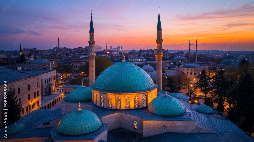 Fototapeta premium Sunset over istanbul skyline with iconic mosque domes and minarets illuminated