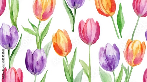 Watercolor colorful tulips pattern and seamless background,watercolor spring tulip flowers. Stock illustration,beautiful floral set,cute illustration print fabric,abstract colorful wallpaper.