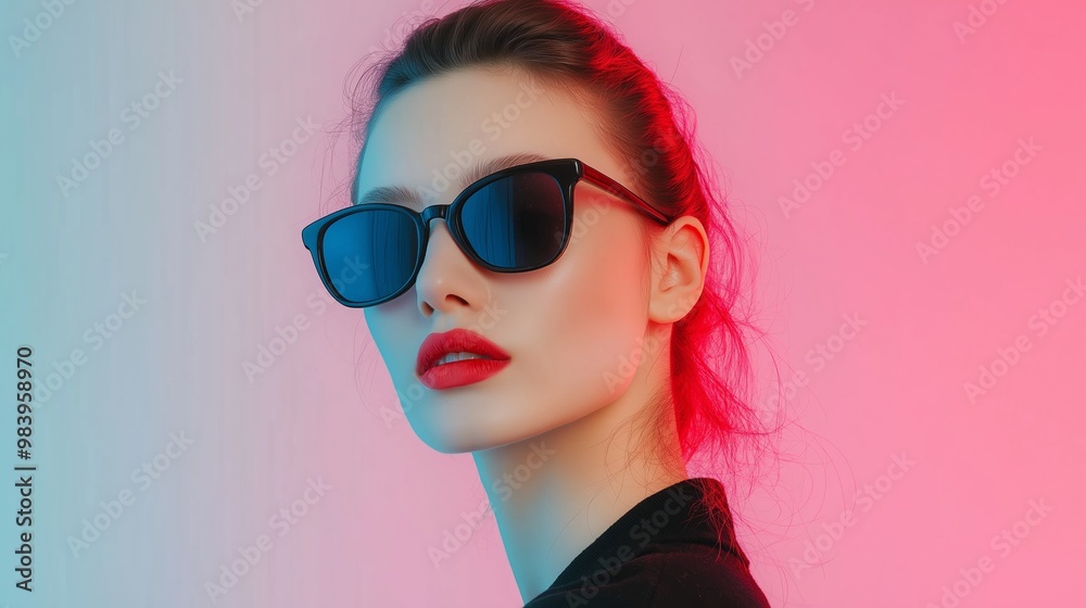 A woman wearing sunglasses and red lipstick stands in front of a pink background. Concept of confidence and style, as the woman is dressed in a fashionable outfit and has a bold lip color A woman wearing sunglasses and red lipstick stands in front of a pink background. Concept of confidence and style, as the woman is dressed in a fashionable outfit and has a bold lip color