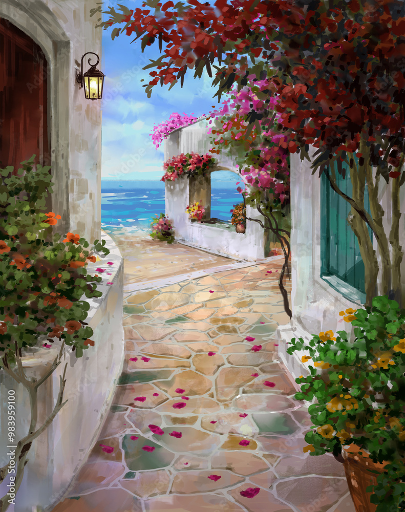 Fototapeta Illustration Painting seaside outdoor summer ambience morning wiht flowers