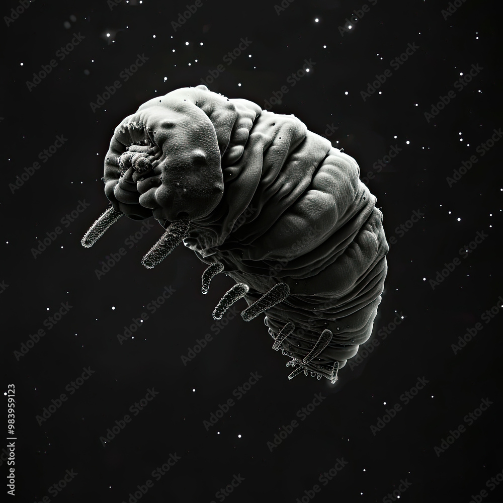 Microscopic View of Tardigrade Suspended in Darkness with Reflections