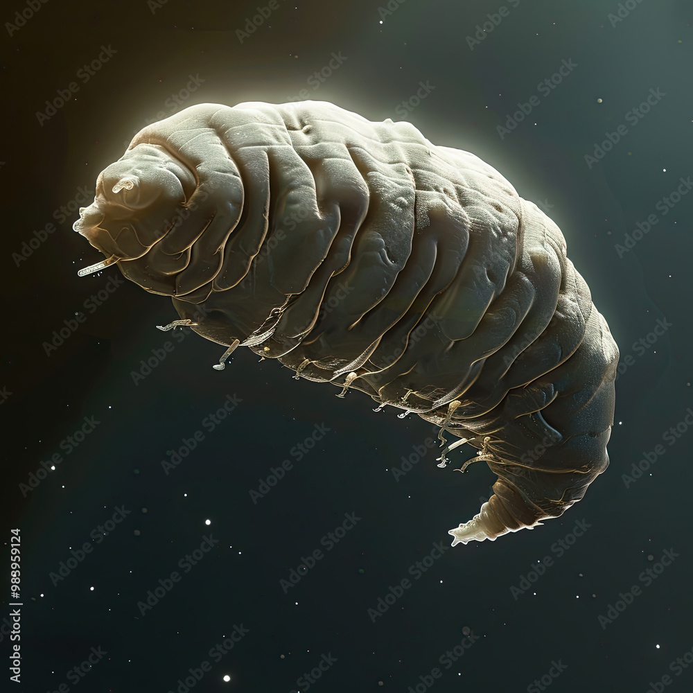 Tardigrade Floating in Void, Showing Segmented Body and Tiny Legs