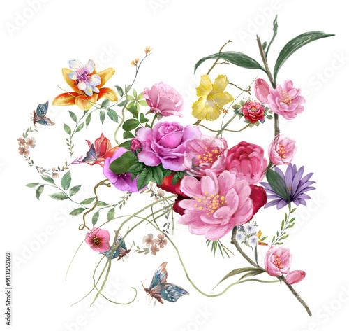 watercolor painting of leaves and flower, on white background