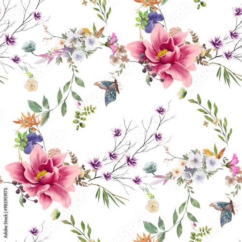  Beautiful seamless pattern  painting wiht flower, botany. print for fabric, textile, packaging , on white background