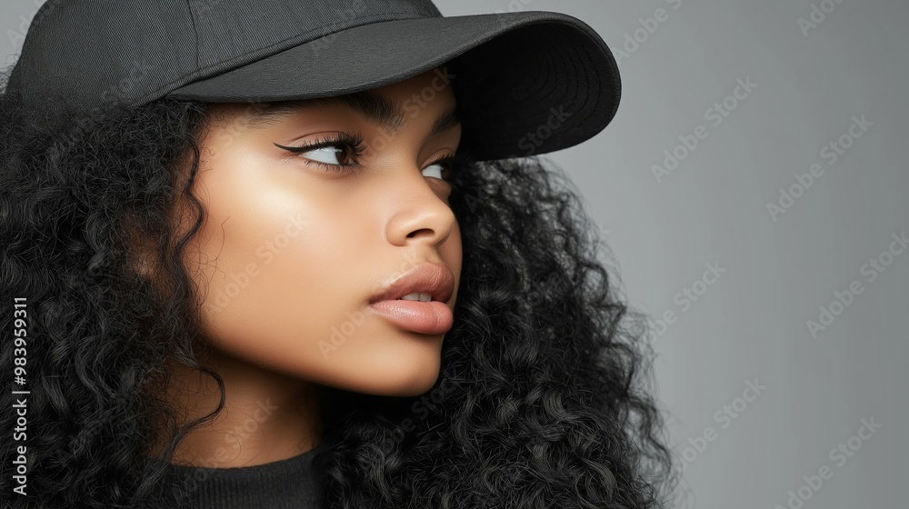 A woman with long, curly hair is wearing a black hat and looking at the camera. Concept of confidence and self-assurance, as the woman stands tall and proud in her unique hairstyle A woman with long, curly hair is wearing a black hat and looking at the camera. Concept of confidence and self-assurance, as the woman stands tall and proud in her unique hairstyle