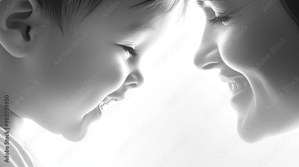 Fototapeta premium A touching scene of mother and child bonding, their faces radiating pure love and connection, set against a minimalist white background with soft Gaussian blur. 