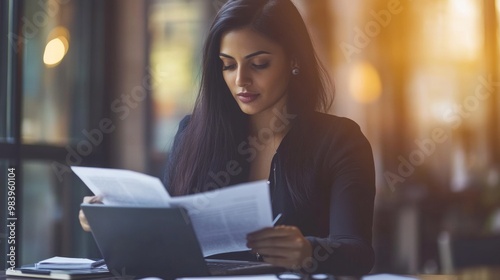 Focused Hispanic Businesswoman Reviewing Financial Report on Laptop in Office