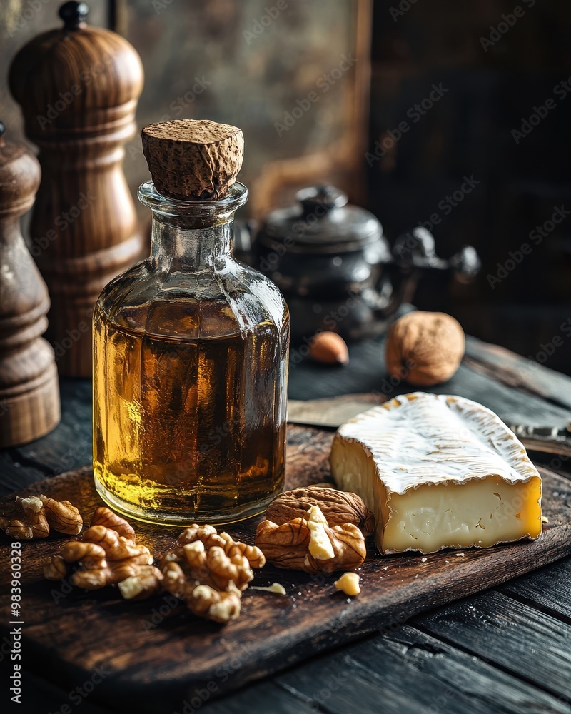 A rustic display of cheese, walnuts, and olive oil on a wooden board. A rustic display of cheese, walnuts, and olive oil on a wooden board.