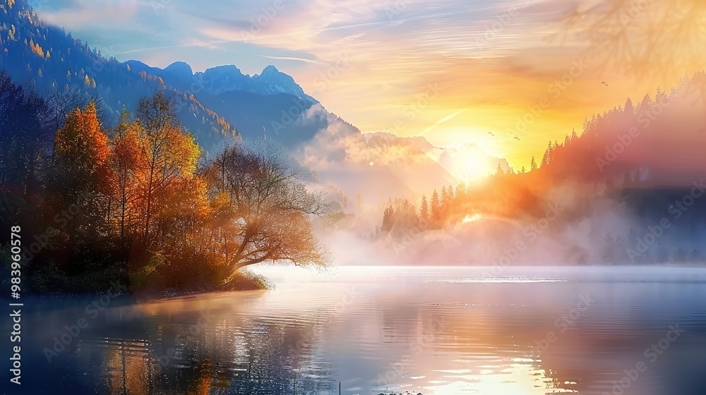 Sunrise_Lake_river_Mountain_beautiful_scenery Sunrise_Lake_river_Mountain_beautiful_scenery