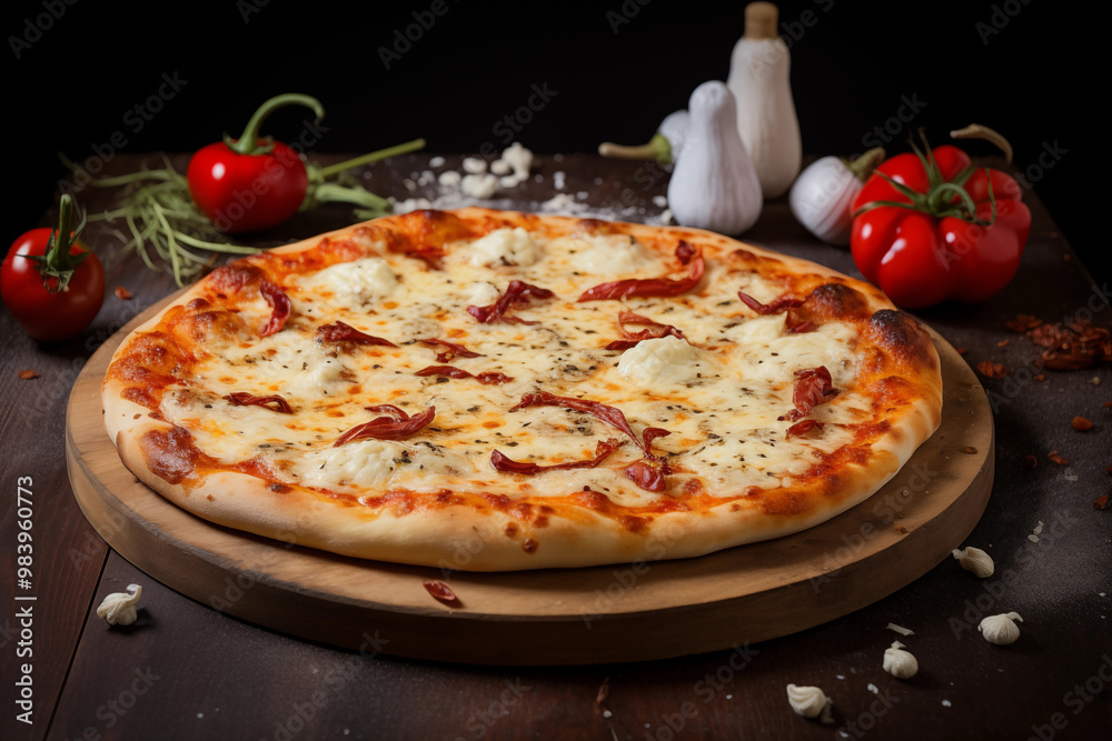 traditional Italian pizzeria setting, with a large pepperoni pizza . The pizza is served on a wooden board, topped with perfectly crispy pepperoni,melted mozzarella, olive oil bottles and fresh herbs traditional Italian pizzeria setting, with a large pepperoni pizza . The pizza is served on a wooden board, topped with perfectly crispy pepperoni,melted mozzarella, olive oil bottles and fresh herbs