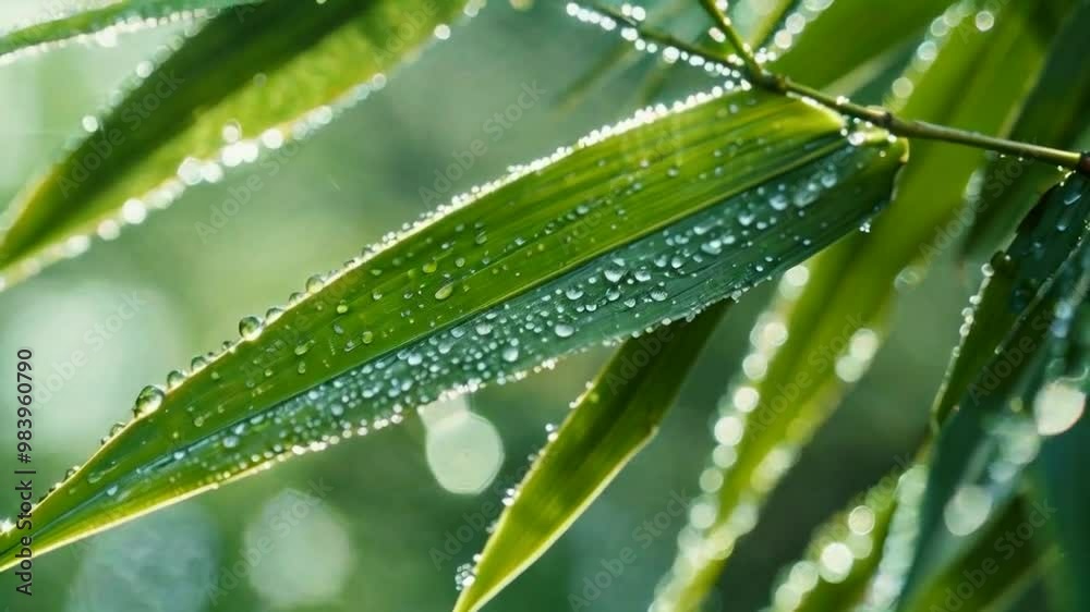 Close-up of bamboo leaves with droplets of water, showcasing nature's beauty and freshness. Close-up of bamboo leaves with droplets of water, showcasing nature's beauty and freshness.
