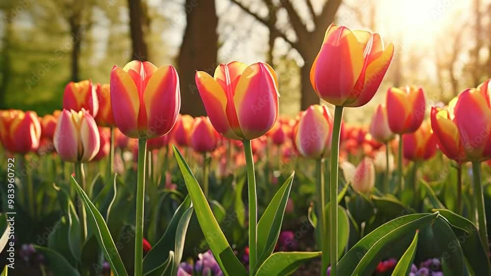 A vibrant field of tulips in bloom, illuminated by warm sunlight. A vibrant field of tulips in bloom, illuminated by warm sunlight.