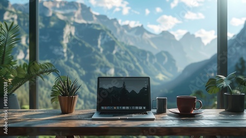 Serene Mountain View Home Office Setup with Laptop and Coffee