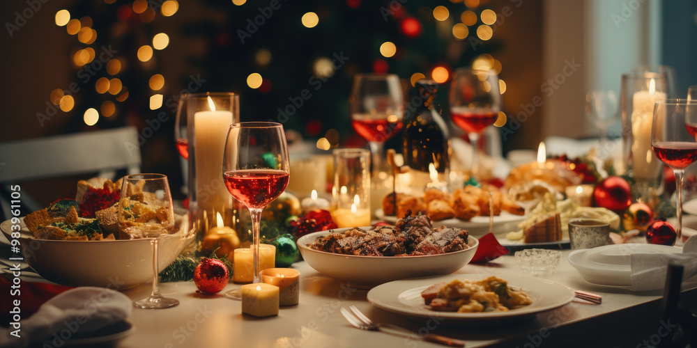 Delicious christmas dishes arranged on a festive table with sparkling lights create a warm, inviting atmosphere for celebration