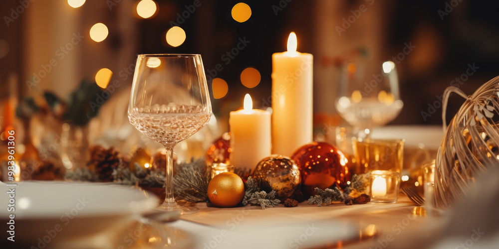 Festive christmas table setting is illuminated by the warm glow of burning candles, with a sparkling christmas tree in the background. Banner Festive christmas table setting is illuminated by the warm glow of burning candles, with a sparkling christmas tree in the background. Banner