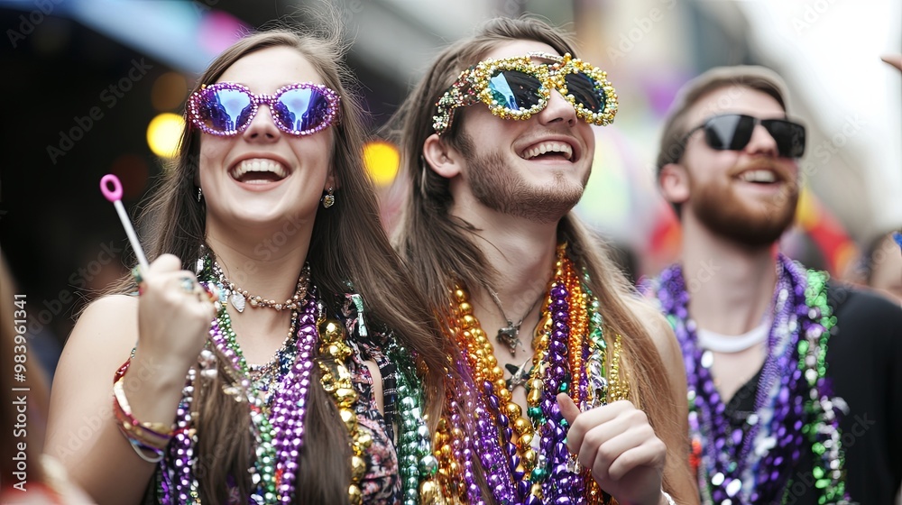 Vibrant Mardi Gras celebration featuring colorful beads, lively street party, and enthusiastic participants. Vibrant Mardi Gras celebration featuring colorful beads, lively street party, and enthusiastic participants.