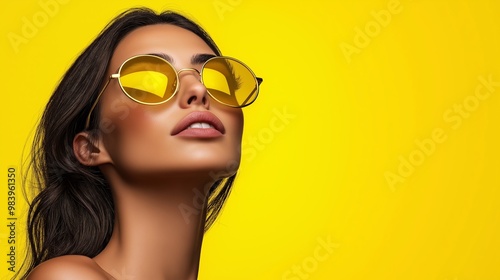 A woman with long brown hair and yellow sunglasses is looking at the camera. The yellow background and the sunglasses give the image a bright and cheerful mood