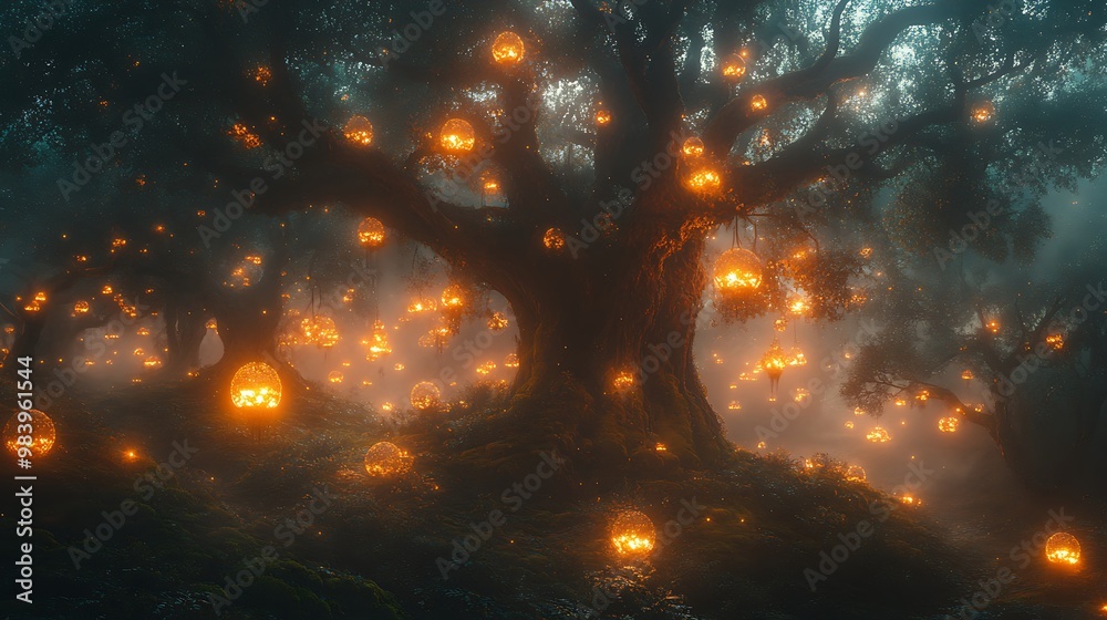 A mystical forest with glowing orbs hanging from the branches of a large tree. A mystical forest with glowing orbs hanging from the branches of a large tree.