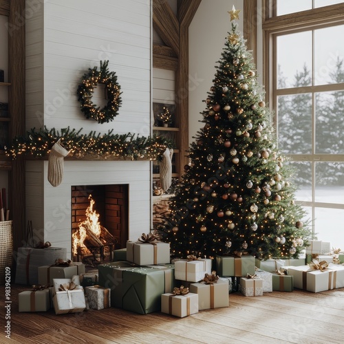 
A wihite Nordic style cottage  and cozy Christmas scene , a beautifully decorated Christmas tree standing tall.  Nearby is a fireplace with warm flames flickering.  There are gift boxes piled up photo