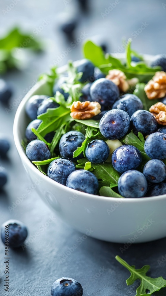 A vibrant salad featuring fresh blueberries, crispy arugula, and crunchy walnuts is served in a white bowl, perfect for a nutritious breakfast option that delights the senses A vibrant salad featuring fresh blueberries, crispy arugula, and crunchy walnuts is served in a white bowl, perfect for a nutritious breakfast option that delights the senses