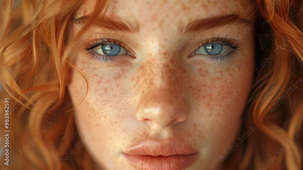 Striking Close-Up Portrait of a Redhead with Bright Blue Eyes and Freckles Striking Close-Up Portrait of a Redhead with Bright Blue Eyes and Freckles