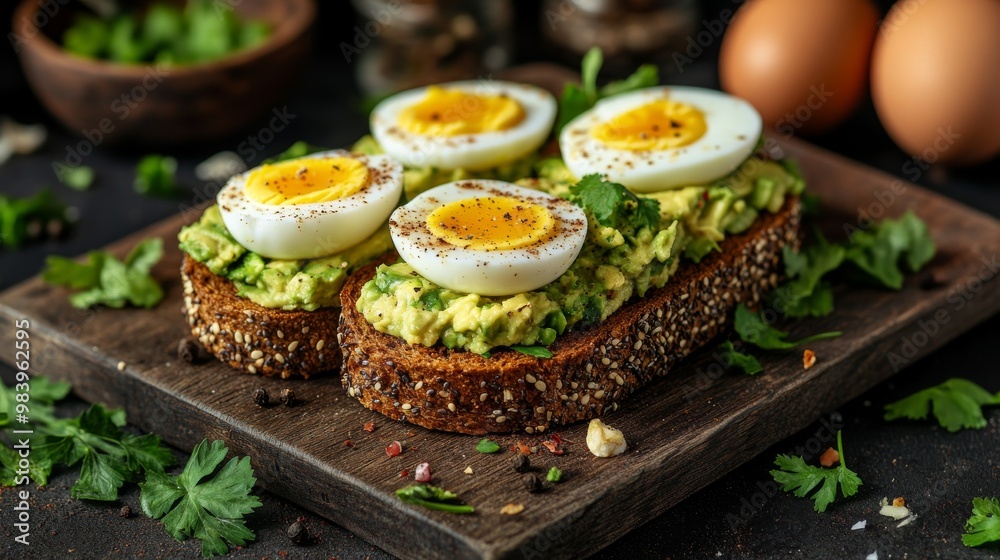 This hearty breakfast showcases slices of whole grain bread topped with creamy avocado and perfectly boiled eggs, seasoned with herbs and spices This hearty breakfast showcases slices of whole grain bread topped with creamy avocado and perfectly boiled eggs, seasoned with herbs and spices