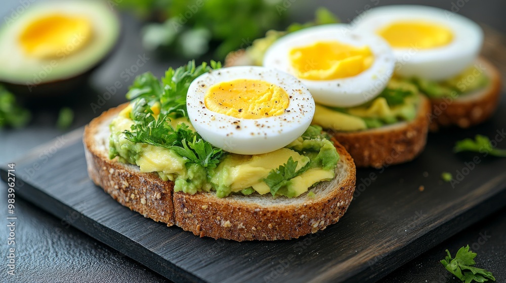 Savor a hearty breakfast of toasted bread topped with creamy avocado, perfectly soft boiled eggs, and fresh cilantro, served in a warm, inviting kitchen Savor a hearty breakfast of toasted bread topped with creamy avocado, perfectly soft boiled eggs, and fresh cilantro, served in a warm, inviting kitchen