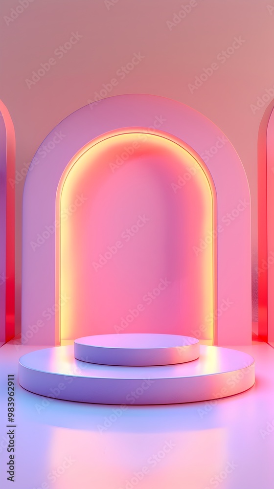 Pink and white neon arches, circular podium with glowing lights. Suitable for event promotions, nightclub advertisements, or futuristic designs. Pink and white neon arches, circular podium with glowing lights. Suitable for event promotions, nightclub advertisements, or futuristic designs.