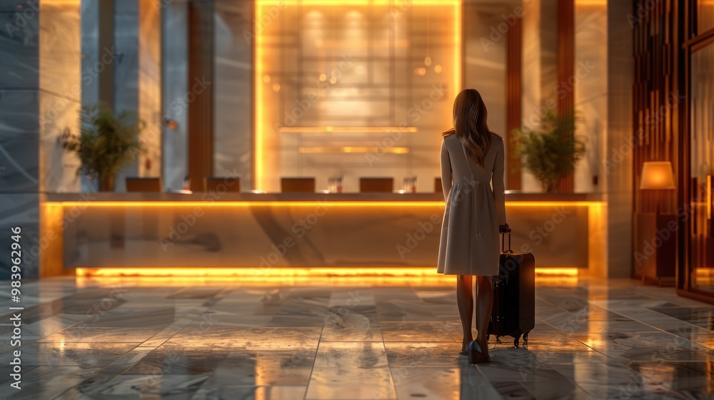 Businesswoman Waiting in Luxurious Hotel Lobby at Evening