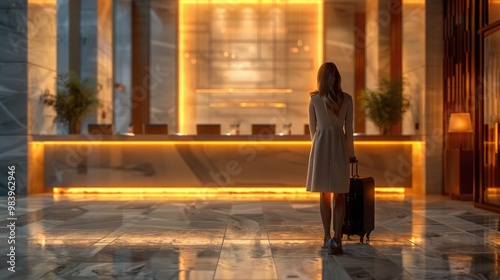 Obraz na płótnie Businesswoman Waiting in Luxurious Hotel Lobby at Evening w salonie