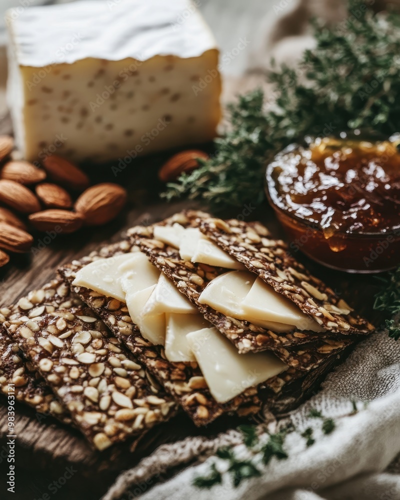 Fototapeta premium A rustic spread featuring cheese, crackers, almonds, and jam, perfect for snacking.